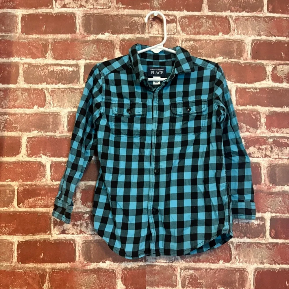 The Children's Place Teal and Black Plaid Button-Down Shirt
